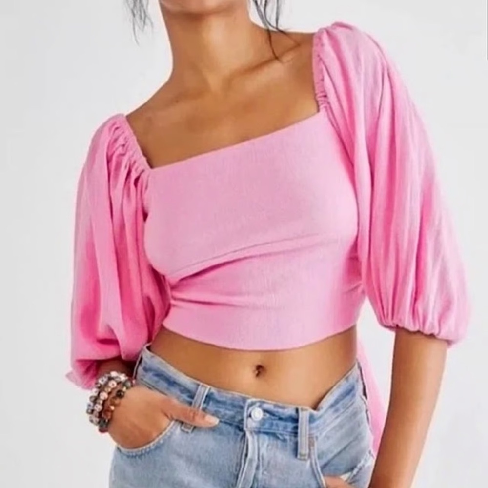 Jen’s Pirate Booty x Free People Pink Puff Sleeve Crop Top